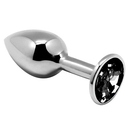 Серебристая анальная втулка с черным кристаллом Mini Metal Butt Plug Size M - 8 см.